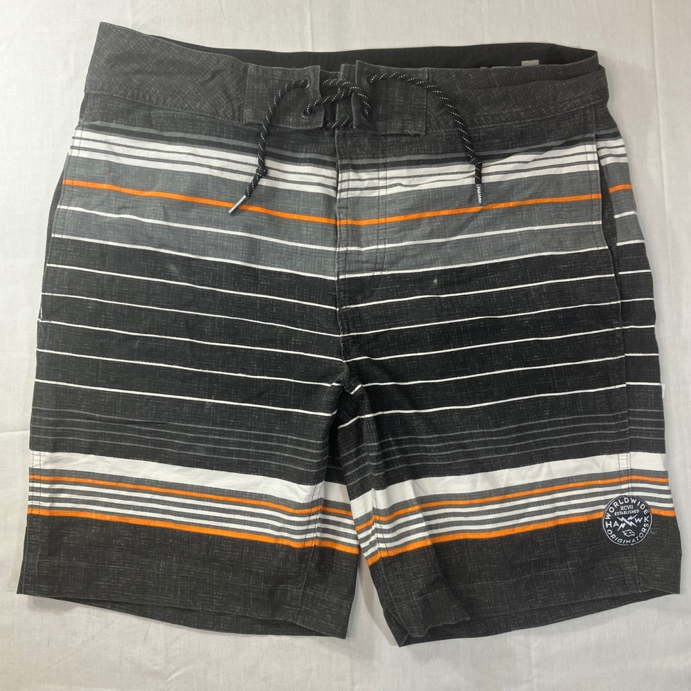 Tony Hawk Mens Board Shorts Size 32 Black Gray Orange Striped Reflex Stretch